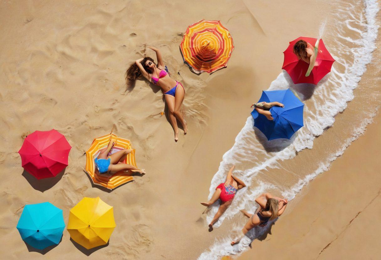 A vibrant beach scene showcasing diverse swimwear styles, featuring friends engaging in various activities like beach volleyball, surfing, and sunbathing. Include colorful accessories like sun hats and sunglasses, with lively beach umbrellas in the background. Capture the essence of summer fun with waves and sand, emphasizing inclusivity across different body types and cultures. super-realistic. vibrant colors. beach setting.